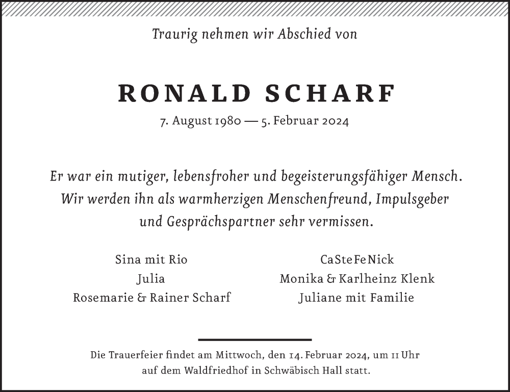  Traueranzeige für Ronald Scharf vom 10.02.2024 aus Haller Tagblatt