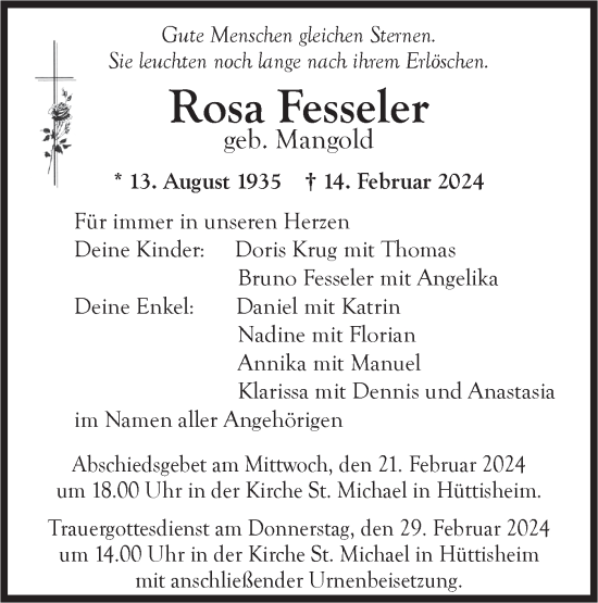 Traueranzeige von Rosa Fesseler von SÜDWEST PRESSE Ausgabe Ulm/Neu-Ulm