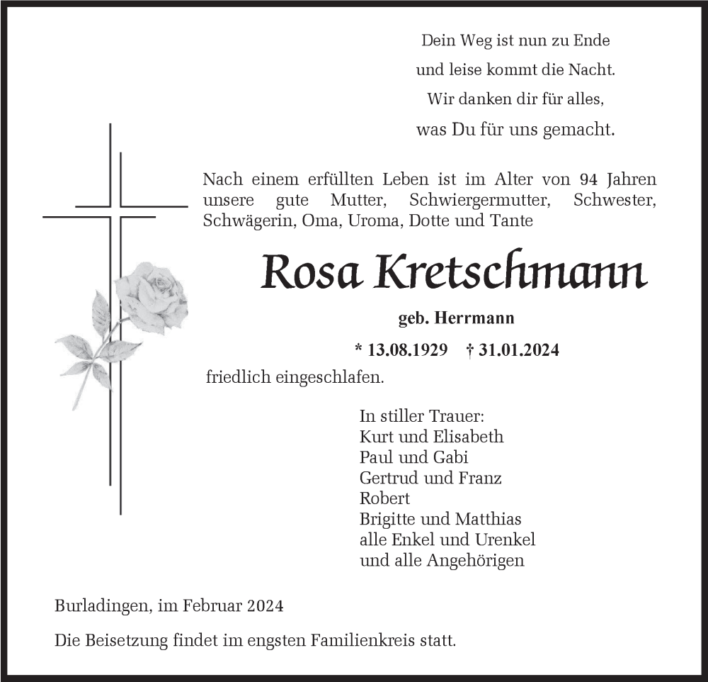  Traueranzeige für Rosa Kretschmann vom 10.02.2024 aus Hohenzollerische Zeitung