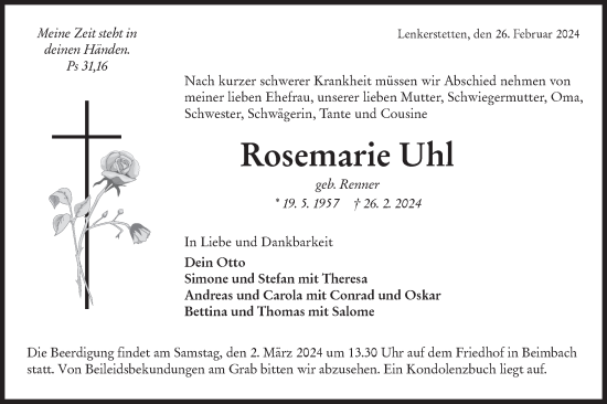 Traueranzeige von Rosemarie Uhl von Hohenloher Tagblatt