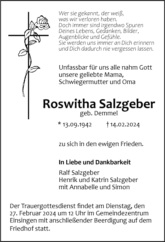 Traueranzeige von Roswitha Salzgeber von SÜDWEST PRESSE Ausgabe Ulm/Neu-Ulm