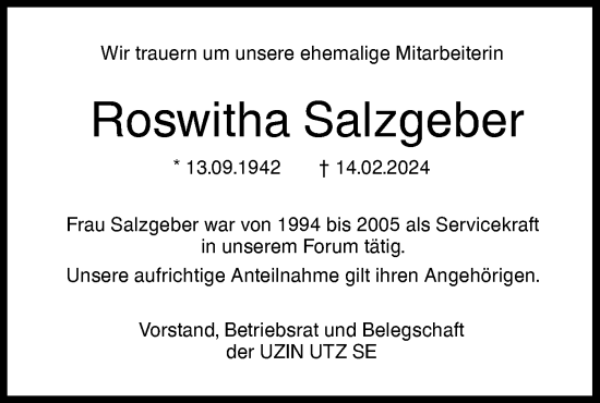 Traueranzeige von Roswitha Salzgeber von SÜDWEST PRESSE Ausgabe Ulm/Neu-Ulm