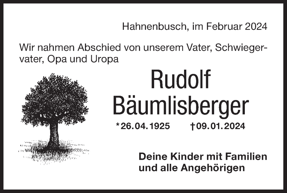  Traueranzeige für Rudolf Bäumlisberger vom 08.02.2024 aus Haller Tagblatt
