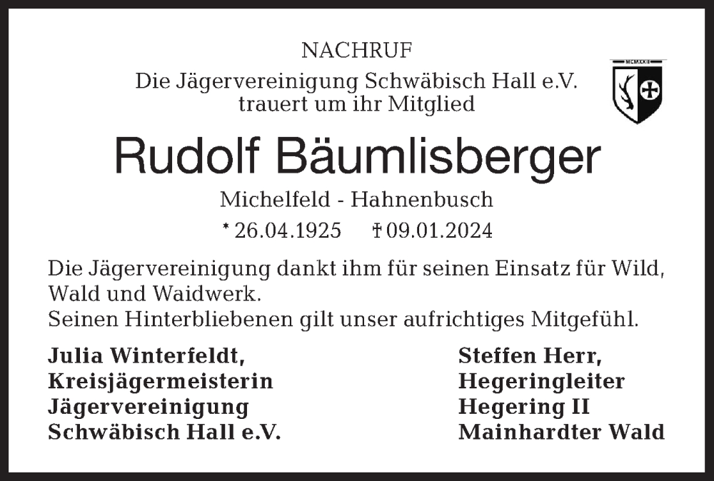  Traueranzeige für Rudolf Bäumlisberger vom 10.02.2024 aus Haller Tagblatt