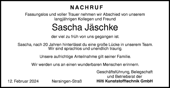 Traueranzeige von Sascha Jäschke von SÜDWEST PRESSE Ausgabe Ulm/Neu-Ulm