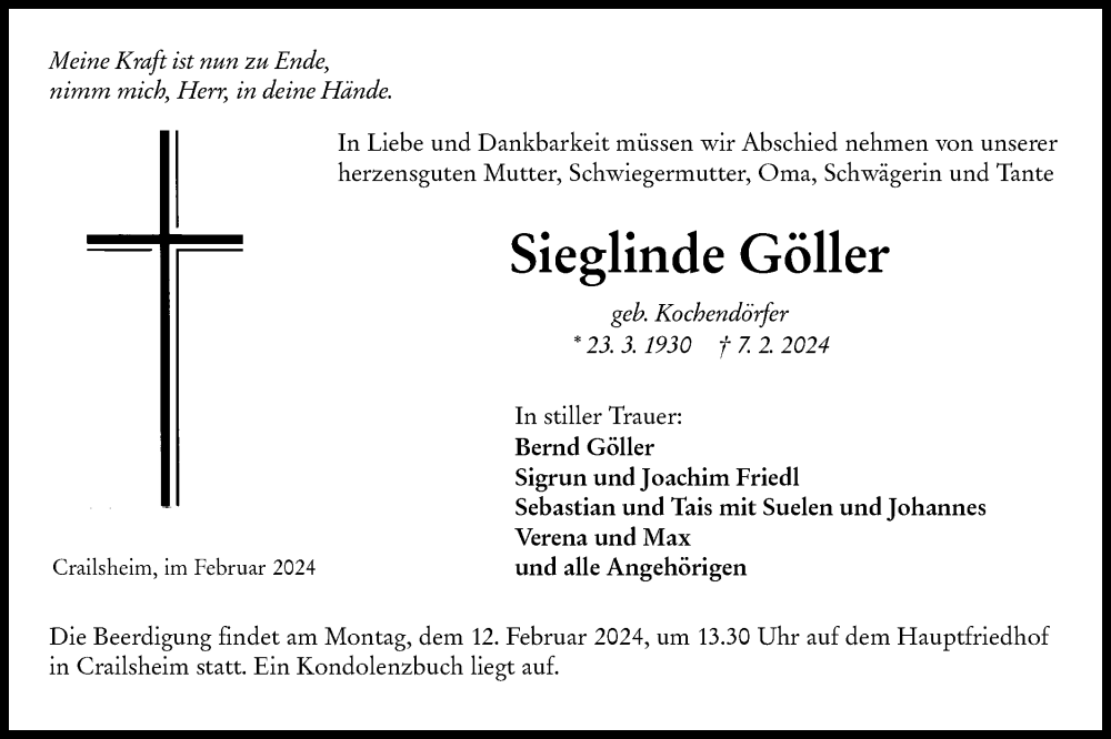  Traueranzeige für Sieglinde Göller vom 10.02.2024 aus Hohenloher Tagblatt