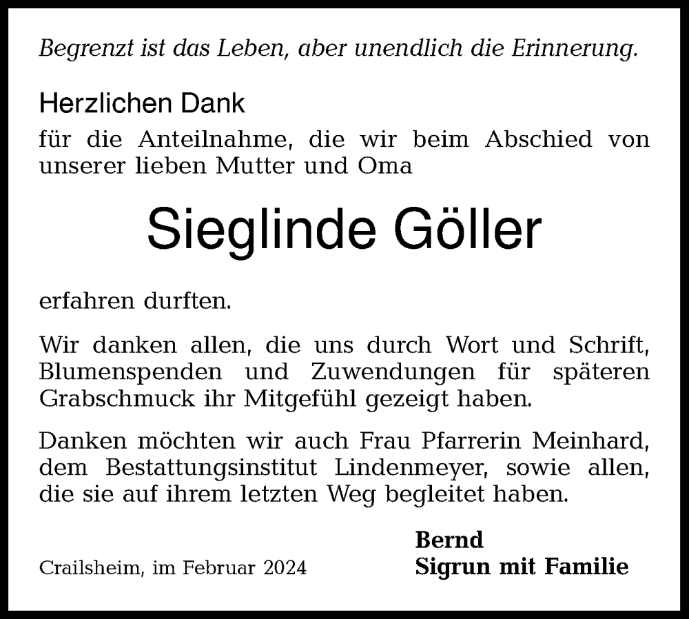  Traueranzeige für Sieglinde Göller vom 29.02.2024 aus Hohenloher Tagblatt