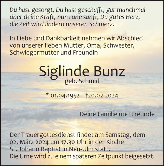 Traueranzeige von Siglinde Bunz von SÜDWEST PRESSE Ausgabe Ulm/Neu-Ulm