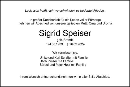 Traueranzeige von Sigrid Speiser von SÜDWEST PRESSE Ausgabe Ulm/Neu-Ulm
