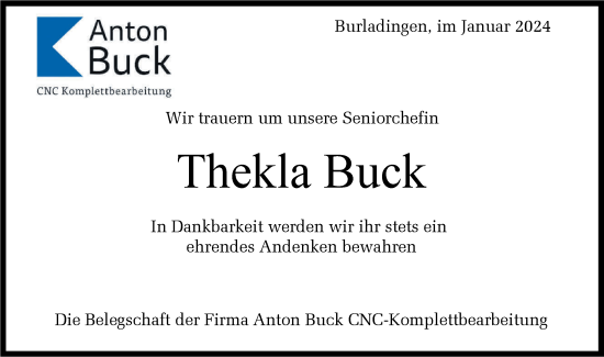 Traueranzeige von Thekla Buck von Hohenzollerische Zeitung