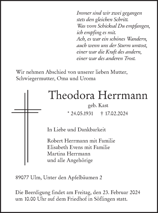 Traueranzeige von Theodora Herrmann von SÜDWEST PRESSE Ausgabe Ulm/Neu-Ulm