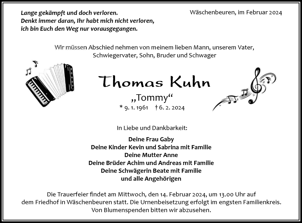  Traueranzeige für Thomas Kuhn vom 09.02.2024 aus NWZ Neue Württembergische Zeitung