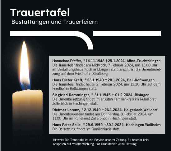 Traueranzeige von Totentafel vom 02.02.2024 von Hohenzollerische Zeitung