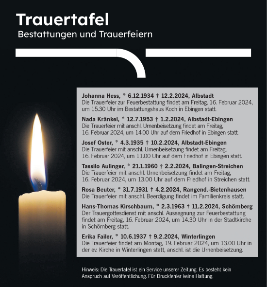 Traueranzeige von Totentafel vom 15.02.2024 von Hohenzollerische Zeitung