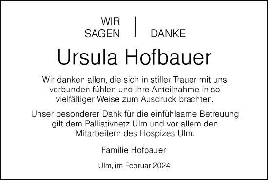 Traueranzeige von Ursula Hofbauer von SÜDWEST PRESSE Ausgabe Ulm/Neu-Ulm