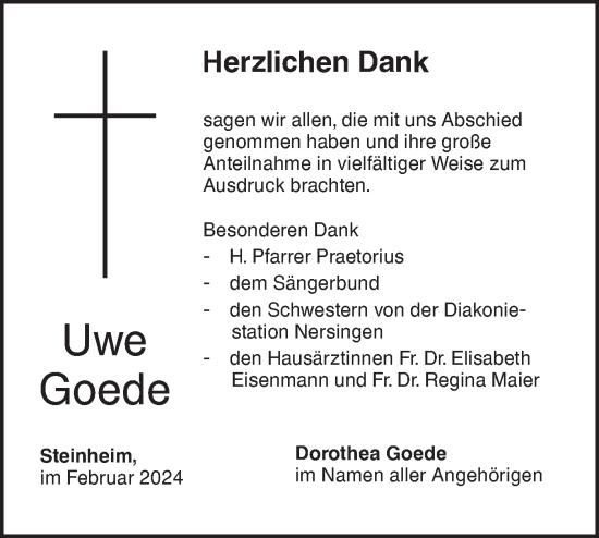 Traueranzeige von Uwe Goede von SÜDWEST PRESSE Ausgabe Ulm/Neu-Ulm