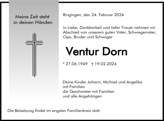 Traueranzeige von Ventur Dorn von Hohenzollerische Zeitung