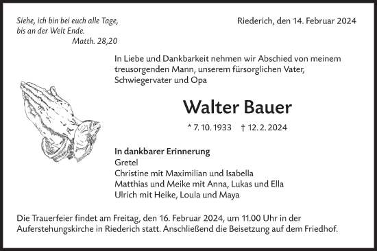 Traueranzeige von Walter Bauer von SÜDWEST PRESSE/SÜDWEST PRESSE