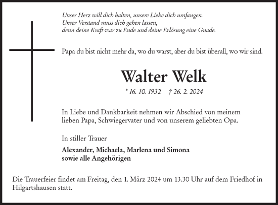 Traueranzeige von Walter Welk von Hohenloher Tagblatt