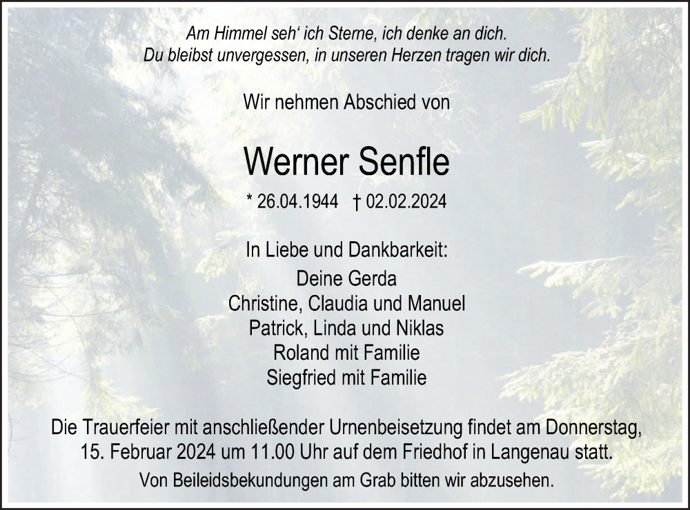  Traueranzeige für Werner Senfle vom 10.02.2024 aus SÜDWEST PRESSE Ausgabe Ulm/Neu-Ulm