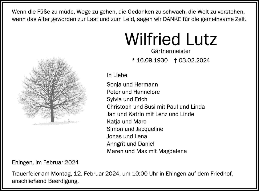  Traueranzeige für Wilfried Lutz vom 09.02.2024 aus Ehinger Tagblatt
