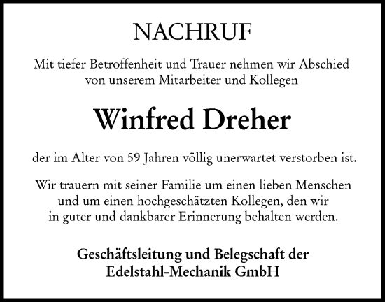 Traueranzeige von Winfred Dreher von NWZ Neue Württembergische Zeitung
