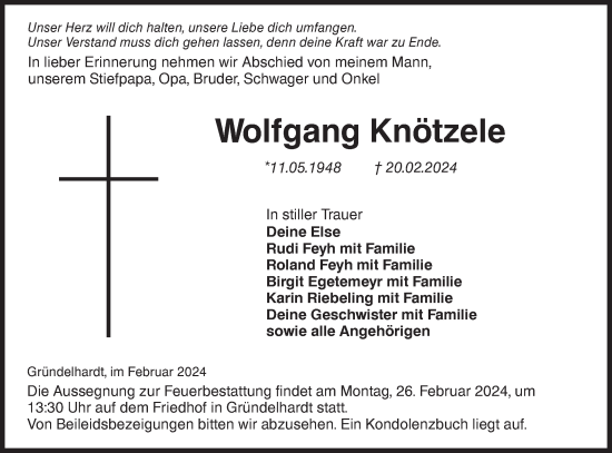 Traueranzeige von Wolfgang Knötzele von Hohenloher Tagblatt