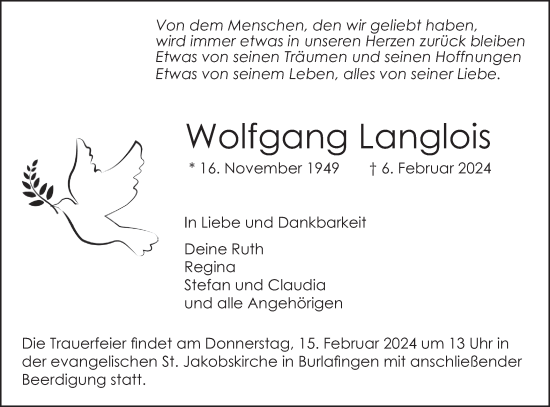 Traueranzeige von Wolfgang Langlois von SÜDWEST PRESSE Ausgabe Ulm/Neu-Ulm