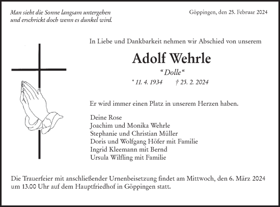 Traueranzeige von Adolf Wehrle von NWZ Neue Württembergische Zeitung