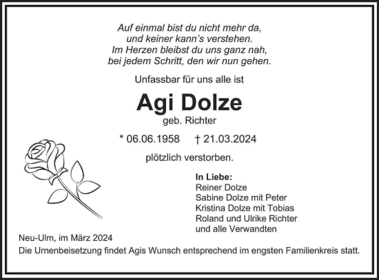 Traueranzeige von Agi Dolze von SÜDWEST PRESSE Ausgabe Ulm/Neu-Ulm/Neu-Ulmer Zeitung