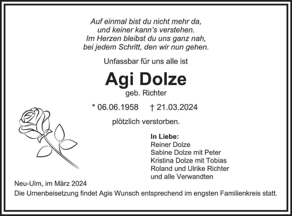  Traueranzeige für Agi Dolze vom 28.03.2024 aus SÜDWEST PRESSE Ausgabe Ulm/Neu-Ulm/Neu-Ulmer Zeitung