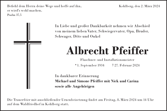 Traueranzeige von Albrecht Pfeiffer von SÜDWEST PRESSE/SÜDWEST PRESSE