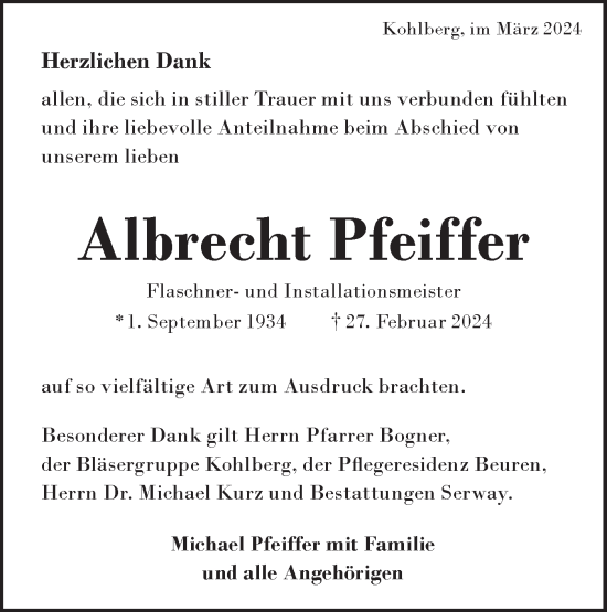 Traueranzeige von Albrecht Pfeiffer von Alb-Bote/Metzinger-Uracher Volksblatt