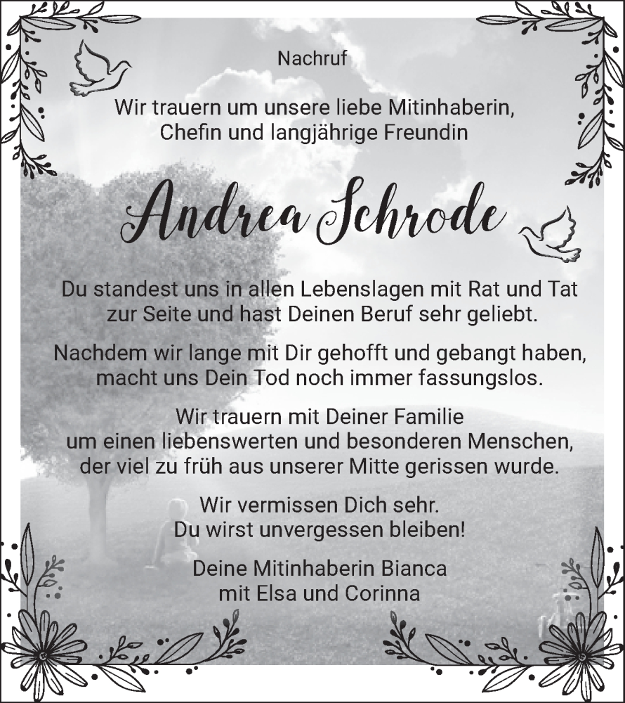  Traueranzeige für Andrea Schrode vom 21.03.2024 aus Alb-Bote/Metzinger-Uracher Volksblatt