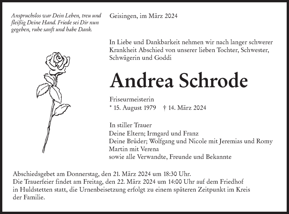  Traueranzeige für Andrea Schrode vom 19.03.2024 aus Alb-Bote/Metzinger-Uracher Volksblatt