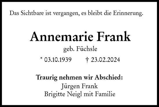 Traueranzeige von Annemarie Frank von SÜDWEST PRESSE Ausgabe Ulm/Neu-Ulm
