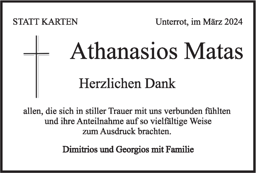  Traueranzeige für Athanasios Matas vom 02.03.2024 aus Rundschau Gaildorf