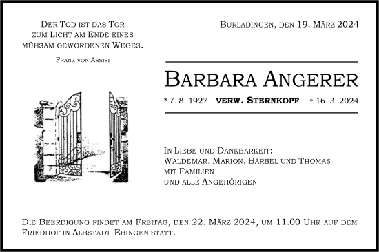 Traueranzeige von Barbara Angerer von SÜDWEST PRESSE Zollernalbkreis/Hohenzollerische Zeitung
