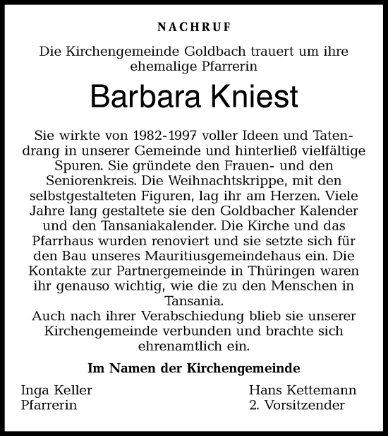 Traueranzeige von Barbara Kniest von Hohenloher Tagblatt