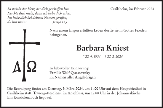 Traueranzeige von Barbara Kniest von Hohenloher Tagblatt