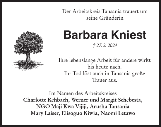 Traueranzeige von Barbara Kniest von Hohenloher Tagblatt