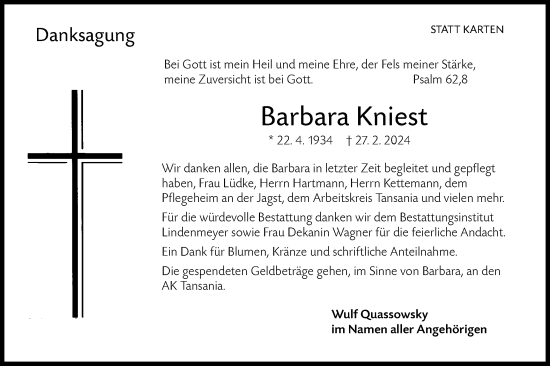 Traueranzeige von Barbara Kniest von Hohenloher Tagblatt