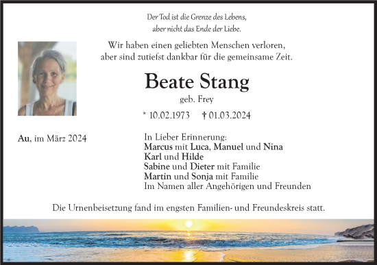 Traueranzeige von Beate Stang von SÜDWEST PRESSE Ausgabe Ulm/Neu-Ulm