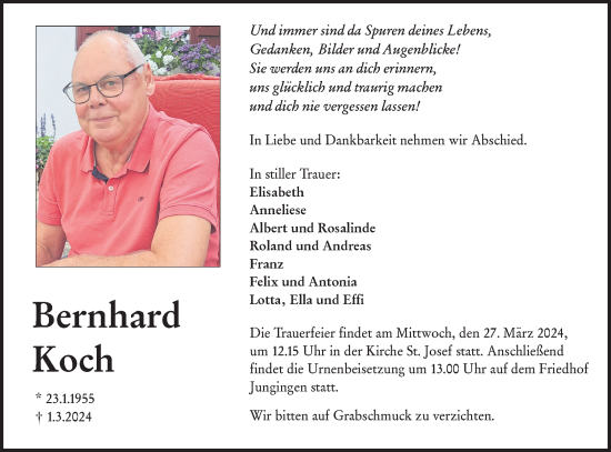 Traueranzeige von Bernhard Koch von SÜDWEST PRESSE Ausgabe Ulm/Neu-Ulm