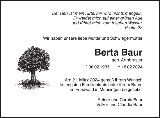 Traueranzeige von Berta Baur von Das Blaumännle
