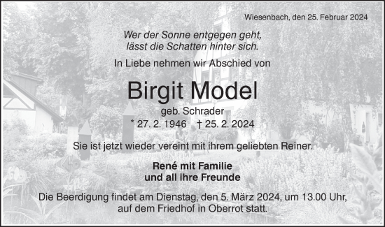 Traueranzeige von Birgit Model von Rundschau Gaildorf