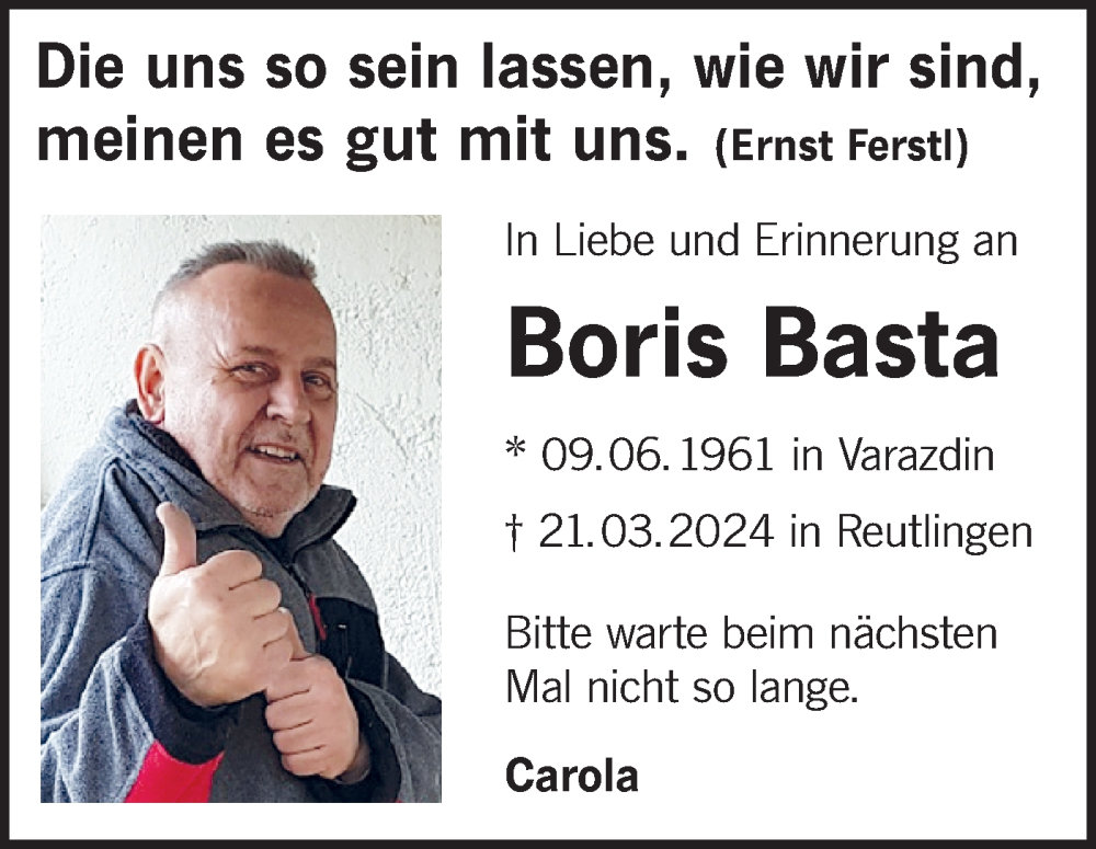  Traueranzeige für Boris Basta vom 23.03.2024 aus Alb-Bote/Metzinger-Uracher Volksblatt