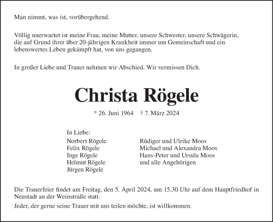 Traueranzeige von Christa Rögele von Hohenloher Tagblatt