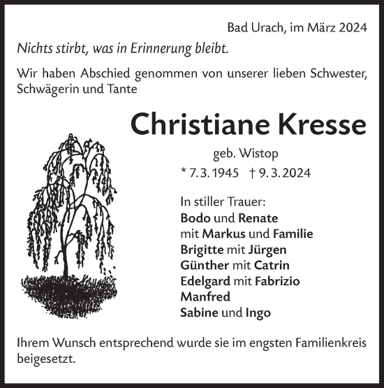 Traueranzeige von Christiane Kresse von Alb-Bote/Metzinger-Uracher Volksblatt