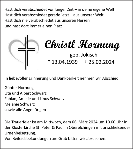 Traueranzeige von Christl Hornung von SÜDWEST PRESSE Ausgabe Ulm/Neu-Ulm